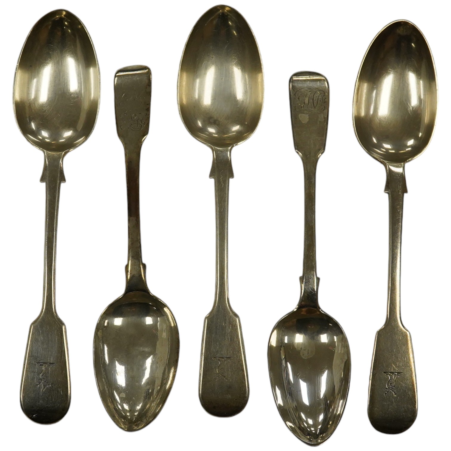 A harlequin set of twelve William IV/Victorian silver fiddle pattern dessert spoons, various date and makers, 17.7oz. Condition - poor to fair